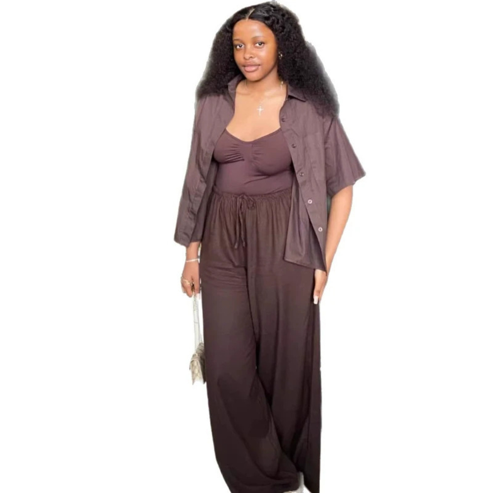ZARA Plus Solid Short Sleeve Cardigan African High Waist Tie Straight Pants Set
